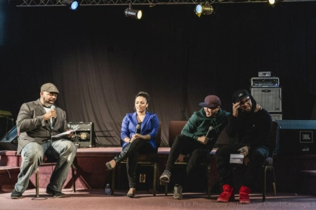 Pastor James Roberson of The Bridge Church hosts a panel discussion called "Leverage" with actress April L. Hernandez and rappers MC Jin and Andy Mineo on Thursday, March 20, 2014, in Brooklyn, N.Y.