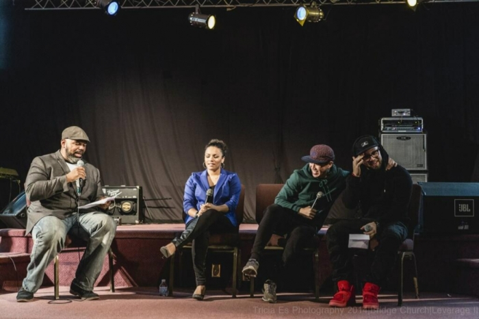 Pastor James Roberson of The Bridge Church hosts a panel discussion called 'Leverage' with actress April L. Hernandez and rappers MC Jin and Andy Mineo on Thursday, March 20, 2014, in Brooklyn, N.Y.