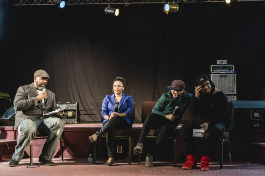 Pastor James Roberson of The Bridge Church hosts a panel discussion called "Leverage" with actress April L. Hernandez and rappers MC Jin and Andy Mineo on Thursday, March 20, 2014, in Brooklyn, N.Y.