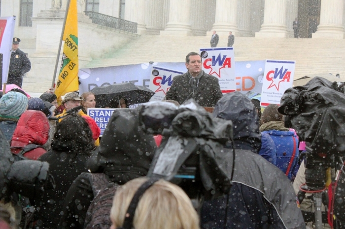 Senator Ted Cruz speaking before demonstrators outside the US Supreme Court building on Tuesday, March 25, 2014.