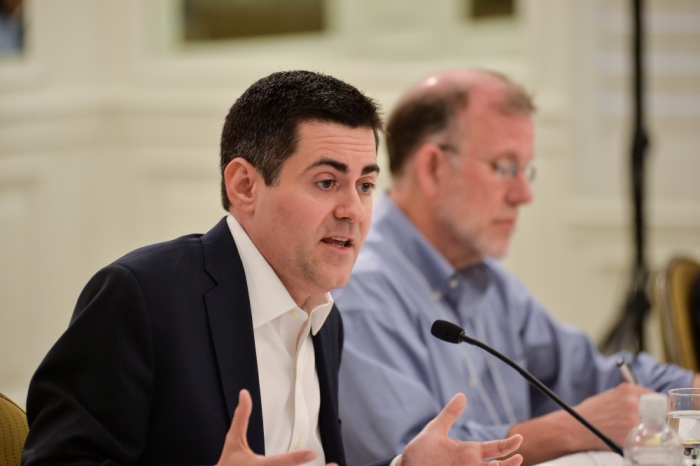 Russell Moore (L) with Michael Cromartie (R) speaking at the Ethics and Public Policy Center's Faith Angle Forum, Miami Beach, Fla., March 25, 2014.