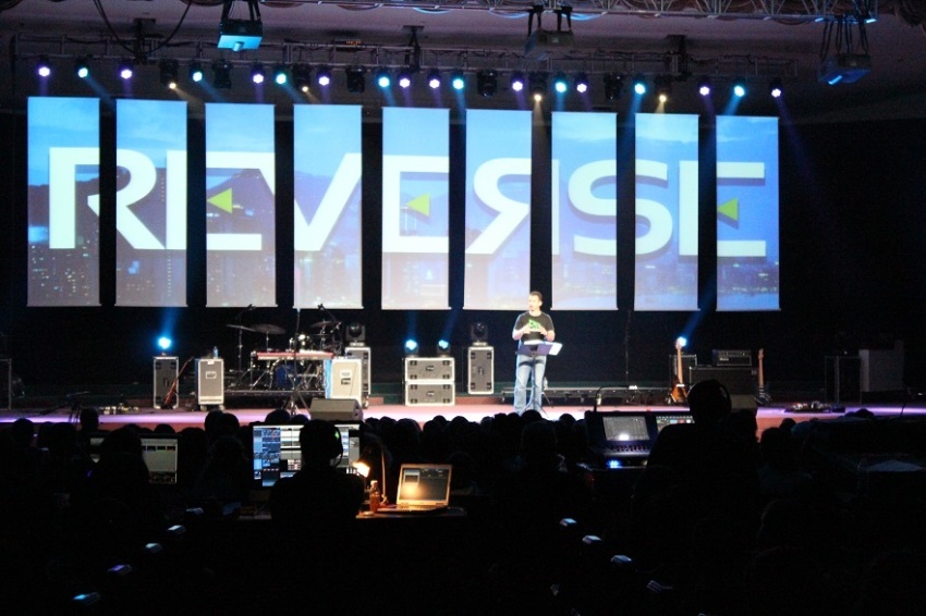 Greg Stier speaks at the Friday evening opening session of Reverse, a youth event organized by Dare 2 Share Ministries on the last weekend of March 2014, held at the Hylton Memorial Chapel in Woodbridge, Virginia.