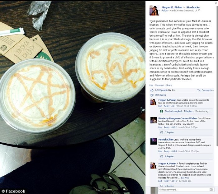 Photos of Starbucks coffee Megan Pinion received.