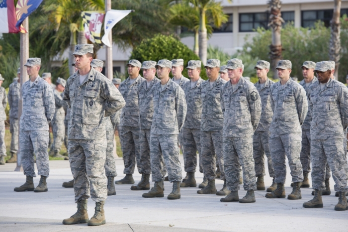 Lt. Col. David Ashley, commander, 5th Space Launch Squadron, leads Airmen during the Patriot's Day Memorial Service held Sept. 11 at Memorial Plaza on Patrick Air Force Base.