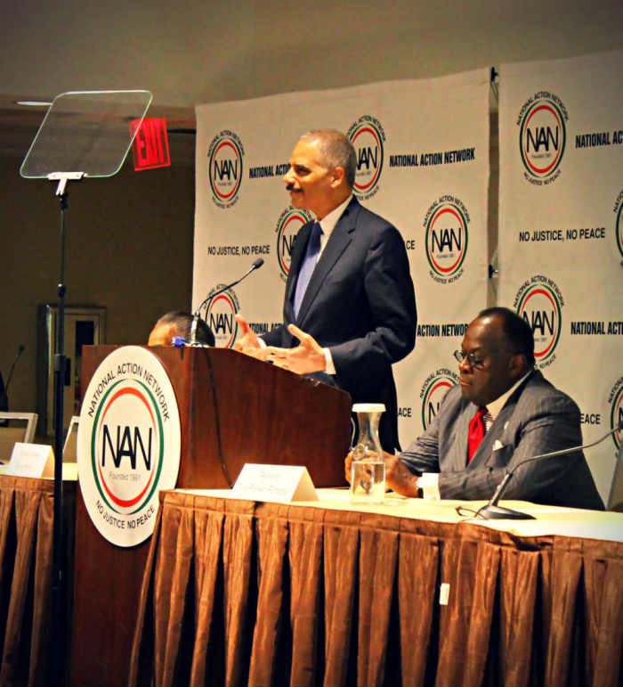 U.S. Attorney General Eric Holder makes remarks Wednesday, April 9, 2014, during the National Action Network's 2014 Convention at the Sheraton Times Square Hotel in New York City.