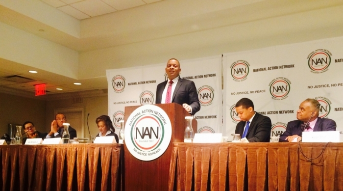 United States Department of Transportation Secretary Anthony Foxx (at podium) addresses the audience at the National Action Network convention at the Sheraton New York Times Square Hotel on Thursday April 10, 2014.