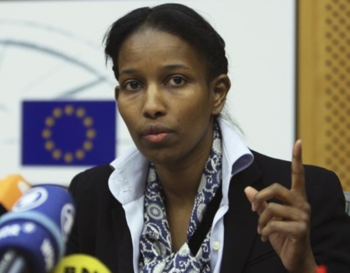 Somali-born Ayaan Hirsi Ali, a former Dutch parliamentarian, gestures as she speaks at the European Parliament in Brussels, Belgium, Feb. 14, 2008.