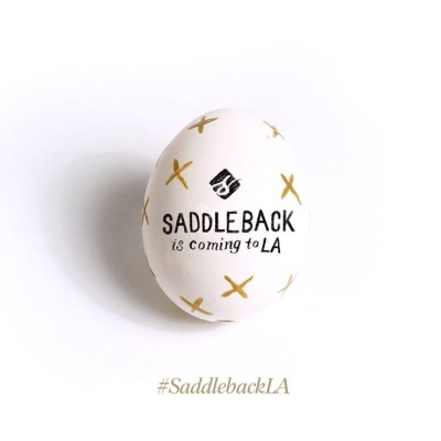 Decorated Easter egg is part of Saddleback Church's promotion of new campus launching on Easter Sunday in Los Angeles at Hollywood High School. Pastor Rick Warren is scheduled to preach during the two services on April 20.