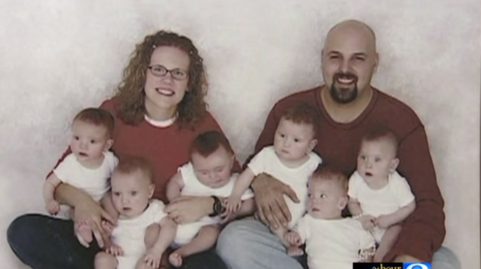 Ben Van Houten , deacon of Calvary Baptist Church in Holland, Mich., his wife Amy and their sextuplets.