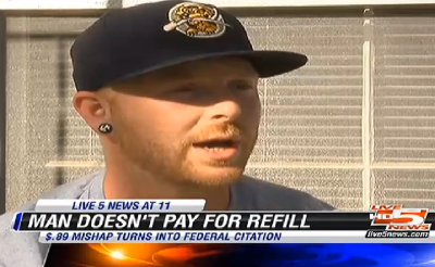 Construction worker Christopher Lewis from North Charleston, S.C., is jobless and saddled with a $525 federal citation for mistakenly taking a $0.89 soda refill he thought was free at the VA Medical Center in downtown Charleston.