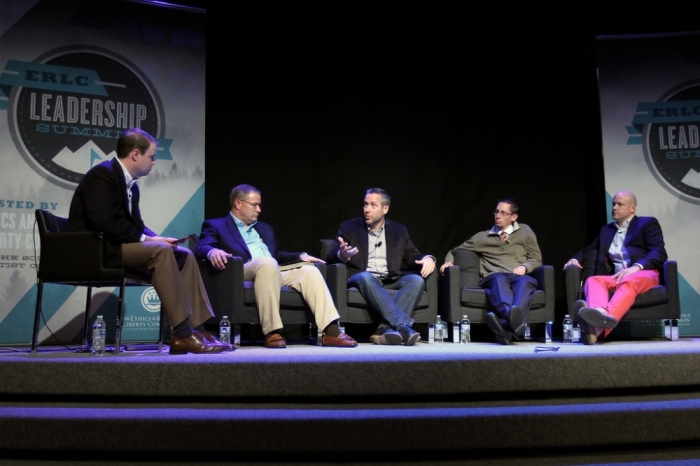 Ethics and Religious Liberty Commission Leadership Summit Panel: 'The Gospel and Homosexuality.' Moderator Andrew Walker with panel members Greg Belser, J.D.Greear (speaking), Mark Regnerus, and Jimmy Scroggins on April 21, 2014.