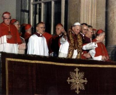 Pope John Paul II waves from the central balcony of the St. Peter's facade the day he was elected on Oct. 16, 1978.