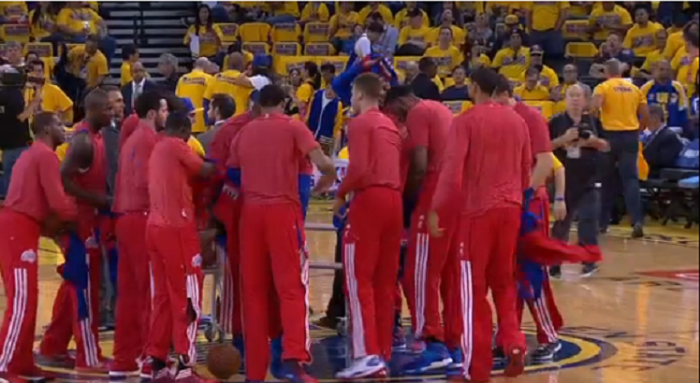 Los Angeles Clippers Players stage a silent protest by wearing their warm up shirts inside out before their playoff game on April 27. 2014.