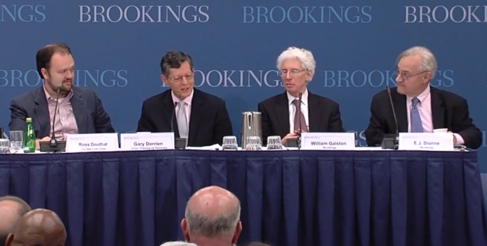 (L to R), Ross Douthat, Gary Dorrien, William Galston, E.J. Dionne, at 'Faith In Equality: Economic Justice and the Future of Religious Progressives,' The Brookings Institution, Washington, D.C., April 24, 2014.