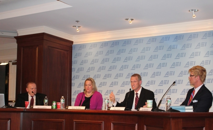 The panel for the American Enterprise Institute event 'For the least of these: A biblical answer to poverty,' held in Washington, DC on Tuesday, April 29, 2014. From left to right: Art Lindsey, vice president of theological initiatives at the Institute for Faith, Work & Economics; Anne Bradley, vice president of economic initiatives at the Institute for Faith, Work & Economics; Peter Greer, president and CEO of HOPE International; and Jay Richards, senior fellow at the Discovery Institute.