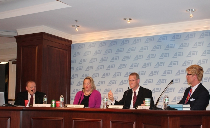 The panel for the American Enterprise Institute event "For the least of these: A biblical answer to poverty," held in Washington, DC on Tuesday, April 29, 2014. From left to right: Art Lindsey, vice president of theological initiatives at the Institute for Faith, Work & Economics; Anne Bradley, vice president of economic initiatives at the Institute for Faith, Work & Economics; Peter Greer, president and CEO of HOPE International; and Jay Richards, senior fellow at the Discovery Institute.