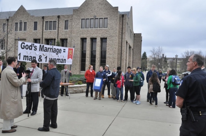 The conservative Roman Catholic organization TFP Student Action holding a pro-traditional marriage table at the campus of the University of Notre Dame in April 2014.