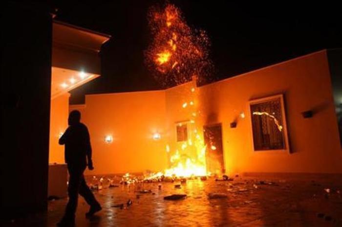 The U.S. Consulate in Benghazi is seen in flames during a terrorist attack on Sept. 11, 2012.