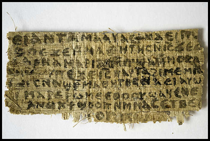 This image shows the front of the papyrus known as 'The Gospel of Jesus's Wife' and written in ancient Coptic script.