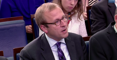 ABC News White House Correspondent Jonathan Karl at the April 30, 2014 White House press briefing with Jay Carney.