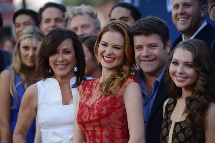 Stars of 'Mom's Night Out' at Hollywood red carpet premier include (L to R) Patricia Heaton, Sarah Drew, Sean Astin, and Sammy Hanratti, April 29, 2014.