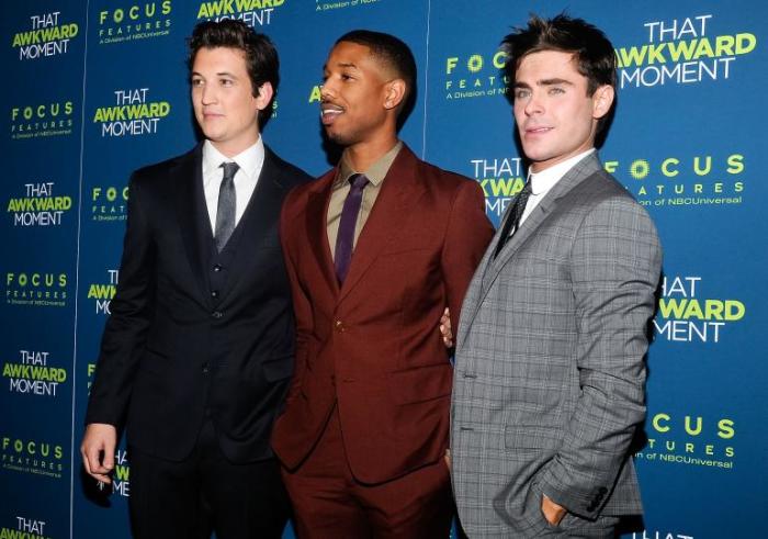 Cast members Michael B. Jordan (C), Zac Efron (R) and Miles Teller attend the premiere of the film 'That Awkward Moment' in Los Angeles Jan. 27, 2014.