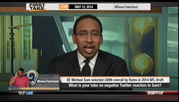 Stephen A. Smith criticized the Miami Dolphins for suspending safety Don Jones after tweeting 'omg' and 'horrible' following Michael Sam's public displays of affection with his boyfriend after the openly gay player was drafted by the St. Louis Rams, on ESPN's FirstTake on May 12, 2014,