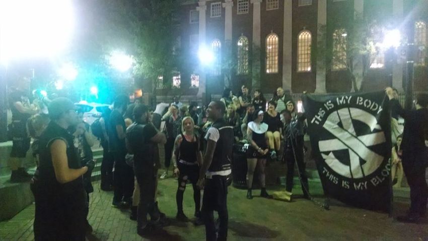 Satanic rights activists outside Harvard Square, after the "black mass" was cancelled by Harvard.