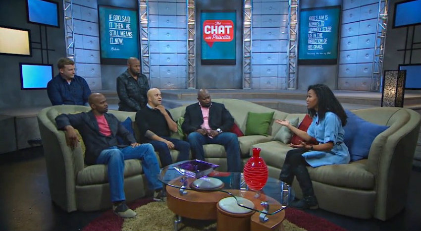 (Clockwise) Michael Boggs, Anthony Evans, Jerry Shirer, Carlos Whittaker, and Michael Jr. appear on "The Chat" with host Priscilla Shirer.