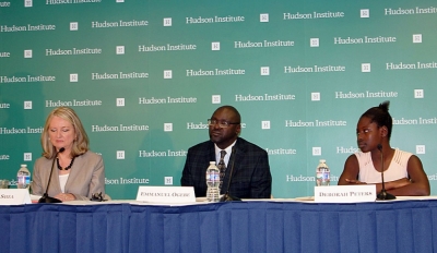 A panel hosted by the Hudson Institute of Washington, DC on the experiences of a survivor of Boko Haram terrorism on Tuesday, May 13, 2014. From left to right: Nina Shea, Hudson Institute senior fellow and director of the Center for Religious Freedom; Emmanuel Ogebe, an international human rights lawyer and expert in bilateral U.S.-Nigerian relations; and Deborah Peters, a teenage girl originally from the village of Chibok who is the second known survivor, and the first female survivor, of Boko Haram terrorism to visit Washington.