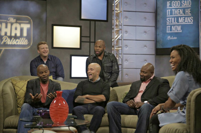 (Clockwise) Michael Boggs, Anthony Evans, Jerry Shirer, Carlos Whittaker, and Michael Jr. appear on 'The Chat' with host Priscilla Shirer.