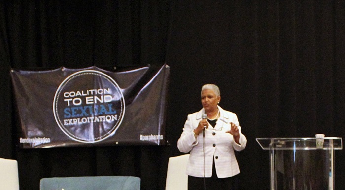 Dr. Sharon Cooper speaking before those gathered at the Tysons Corner Marriott in Virginia for the Coalition to End Sexual Exploitation's 2014 Summit on May 16, 2014.