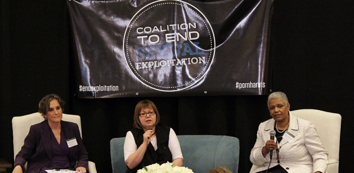 Speakers for the Friday morning session of the Coalition to End Sexual Exploitation's Summit 2014, held at the Tysons Corner Marriott in Virginia on May 16, 2014. From left: Cordelia Anderson, MA, member of the Board of Directors of the National Center for Missing and Exploited Children; Gail Dines, author and sociology professor at Wheelock College; and Dr. Sharon Cooper, developmental pediatrician and Board member with the National Center for Missing and Exploited Children.