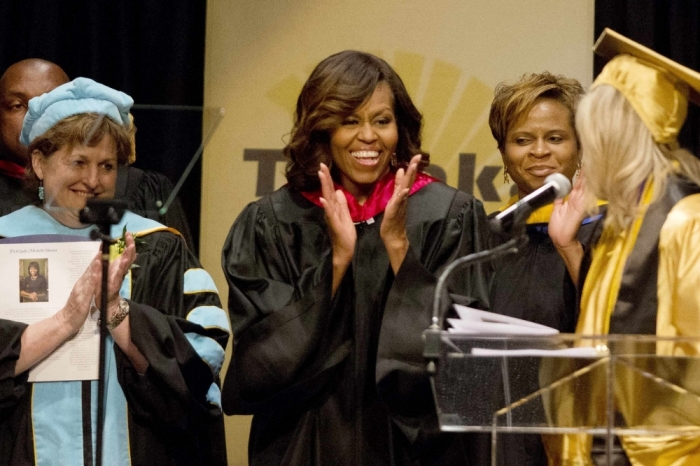 Michelle Obama attended the 'Senior Recognition Day' event with high school students in Topeka, Kan., on Friday.