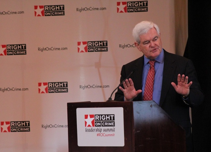 Former Speaker of the House and author Newt Gingrich addresses attendees at the Right on Crime Leadership Summit, held at the Rotunda Room of the Ronald Reagan Building and International Trade Center in Washington, DC on May 21, 2014.