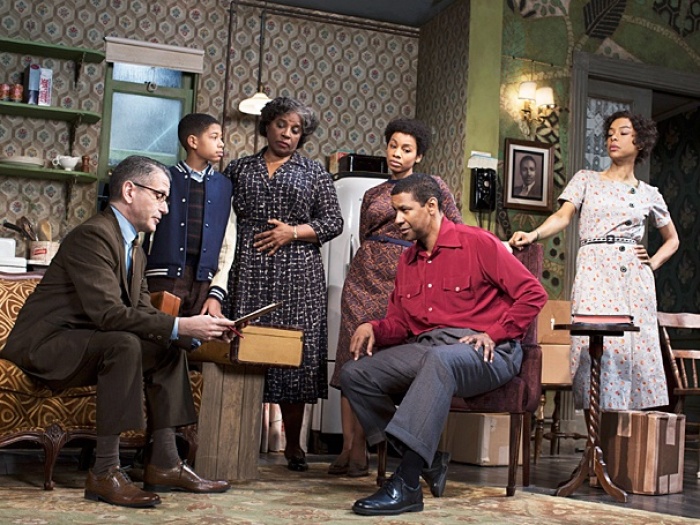 David Cromer as Karl Lindner, Bryce Clyde Jenkins as Travis Younger, LaTanya Richardson Jackson as Lena Younger, Anika Noni Rose as Beneatha Younger, Denzel Washington as Walter Younger & Sophie Okonedo as Ruth Younger in A Raisin in the Sun.