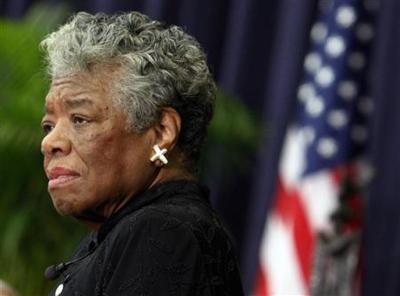 U.S. poet Maya Angelou speaks during a ceremony to honor South African Archbishop Emeritus Desmond Tutu with the J. William Fulbright Prize for International Understanding Award in Washington, D.C. Nov. 21, 2008.