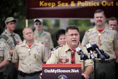 John Stemberger, head of the coalition group OnMyHonor.Net, speaks as parents, Scoutmasters, Eagle Scouts and other Scouting members hold a news conference to announce the launch of a national organization and the coalition to keep open homosexuality out of the Boy Scouts, in Orlando, Florida, in this March 23, 2013, file photo.