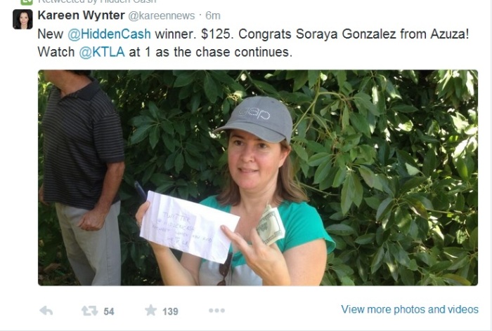 KTLA news reporter Kareen Wynter tweeted, 'New @HiddenCash winner. 5. Congrats Soraya Gonzalez from Azuza! Watch @KTLA at 1 as the chase continues' during frenzied giveaway in Los Angeles area that began Thursday and continued on Friday.
