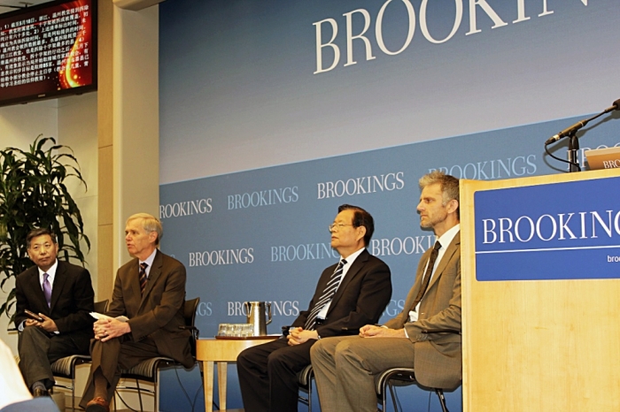 A panel of experts on Christianity in China at a Brookings Institution event titled 'Christianity in China: A Force for Change?' on Tuesday, June 3, 2014 in Washington, DC. From left to right: Rev. Zhang Boli, head pastor of Washington Harvest Chinese Christian Church; Richard Bush, director of Brookings' Center for East Asia Policy Studies; Liu Peng, professor at the Institute of American Studies, Chinese Academy of Social Science; and Carsten Vala, assistant professor at the Department of Political Science at Loyola University Maryland.
