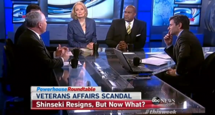 ABC's 'This Week' with (left to right) Bill Kristol, David Remnick (out of view), Peggy Noonan, Tavis Smiley and George Stephanopoulos, June 1, 2014.