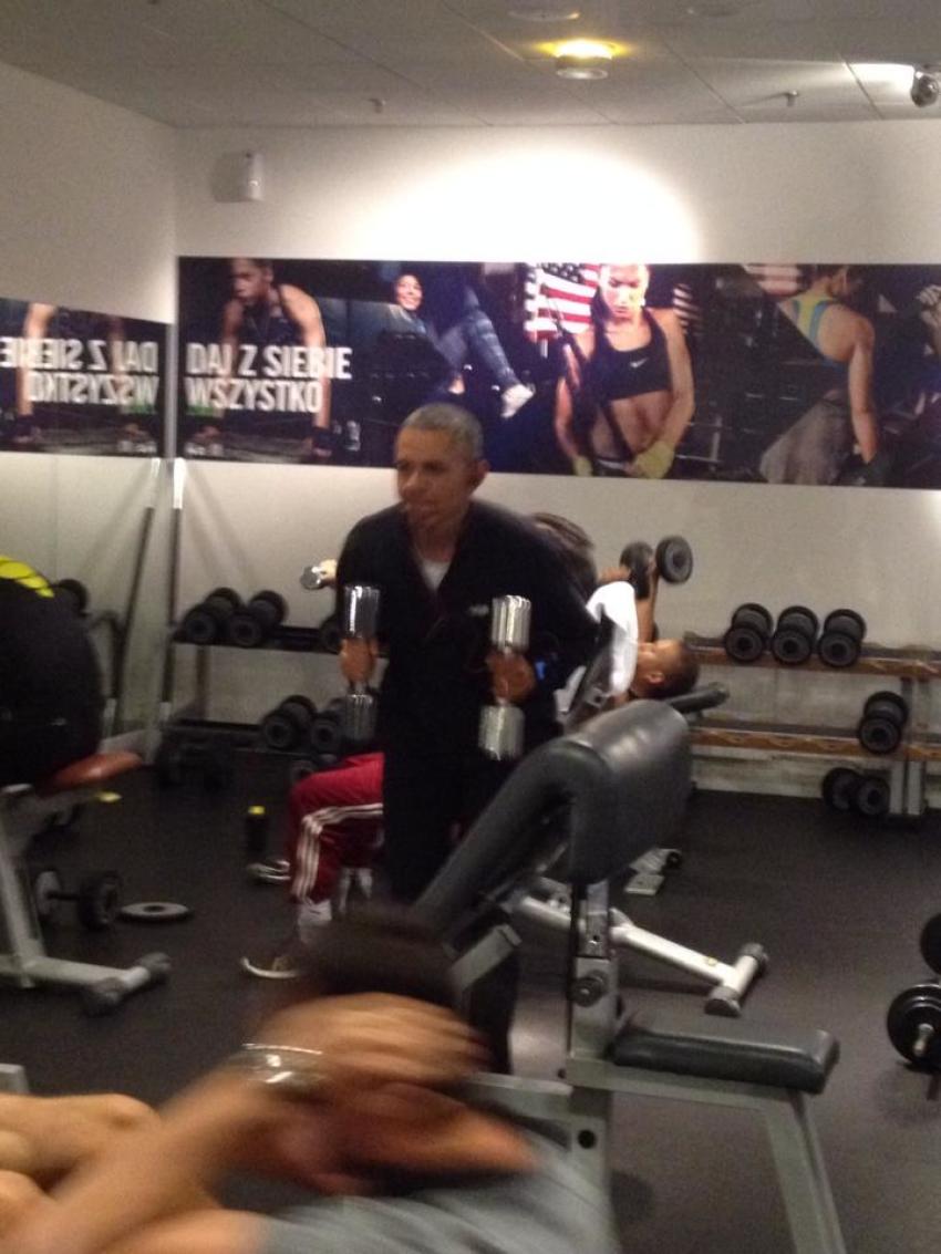 President Barack Obama works out in Warsaw, Poland.