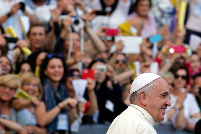 Pope Francis arrives for a meeting of the Renewal of the Holy Spirit organization at the Olympic stadium in Rome June 1, 2014.