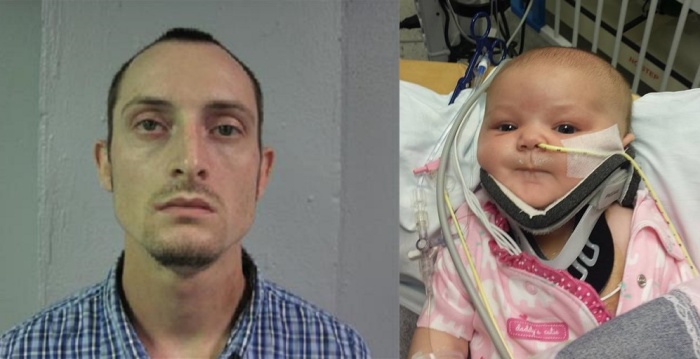 Dustin T. Dye (l) arrested for causing serious injury to 7-week-old baby girl Nora (r).