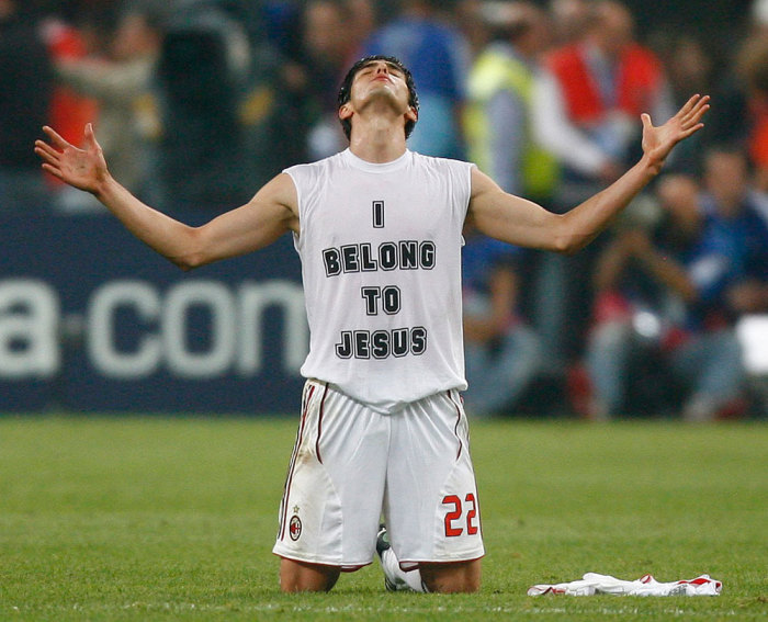 AC Milan's Kaka falls to his knees after winning the Champions League final soccer match against Liverpool in Athens May 23, 2007.