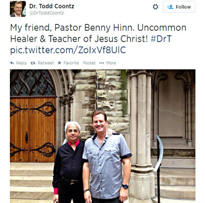 Evangelist Benny Hinn and financial expert Todd Coontz appear in this photo shared on Twitter on June 15, 2014, by Coontz.