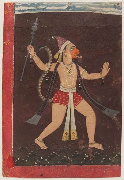 A painting of Hindu god Hanuman by Pahari Painter.