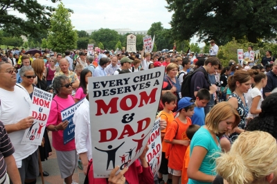 Crowds marching from the U.S. Capitol Building to the U.S. Supreme Court as part of the second annual March for Marriage, held in Washington on Thursday, June 19, 2014.
