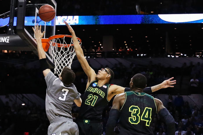 Baylor Bears center Isaiah Austin (21) blocks Creighton Bluejays forward Doug McDermott (3) in the second half of a men's college basketball game during the third round of the 2014 NCAA Tournament at AT&T Center on March 23, 2014, in San Antonio, Texas.