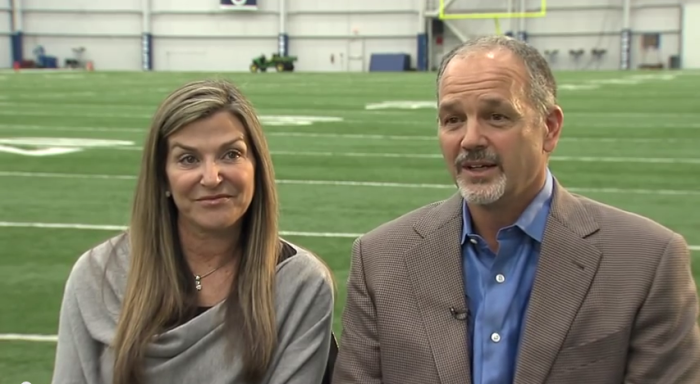 Indianapolis Colts head coach Chuck Pagano and his wife, Tina, being interviewed by WRTV 6 in 2013.